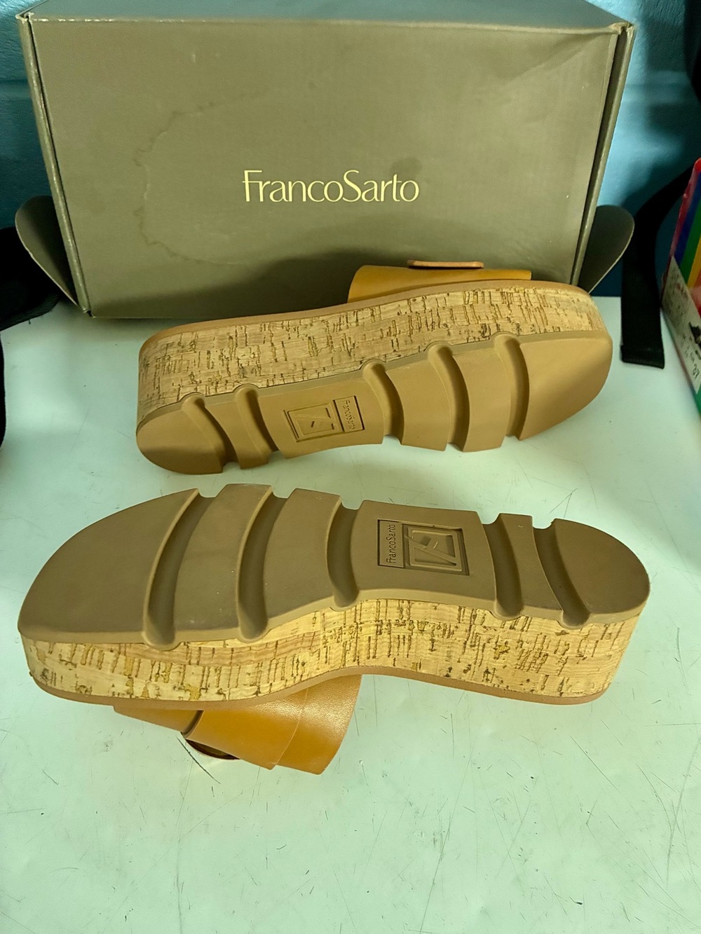 Franco Sarto Cognac Leather Platform Slide with Gold Ring - Picture 3 of 4